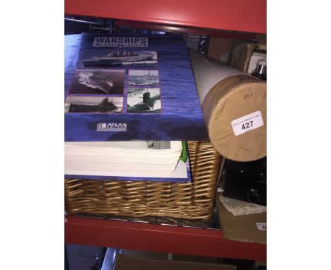 A wicker hamper containing warships of the world maxicards and a signed print. 