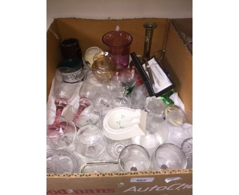 Box of mainly glassware, a brass chamber stick and a Belleek ashtray 