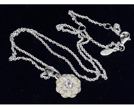 A Pandora enamel flower pendant on chain, both marked '925', with box. 