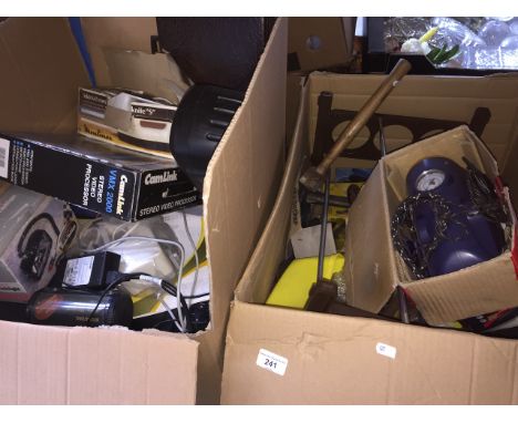 2 boxes of misc items to include garageware, tools, radios, printer, cables, etc. 