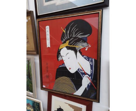 After Kitagawa Utamaro, reproduction colour print on fabric, 69cm x 86cm, bearing signature, glazed and framed 76cm x 93cm. 