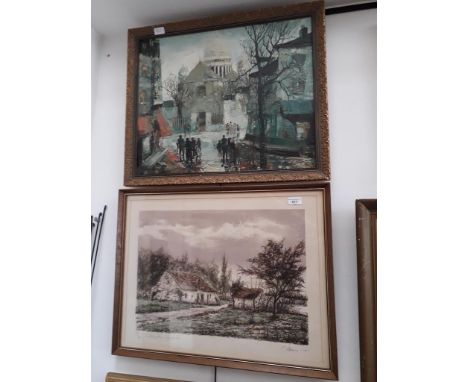 A 20th century school signed Ltd edition lithograph and a Continental street scene oil on canvas, both indistinctly signed lo