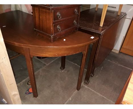 An oak drop  leaf table. a D end table and an open shelf unit 