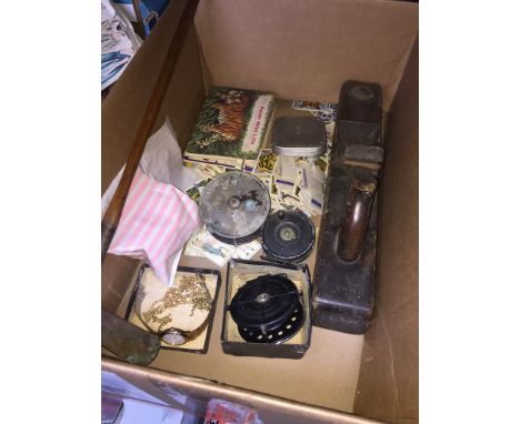 A box of misc including three fishing reels comprising a Hardy Uniqua 3 1/8", an Allcock's Easicast and a Morritt's New Popul