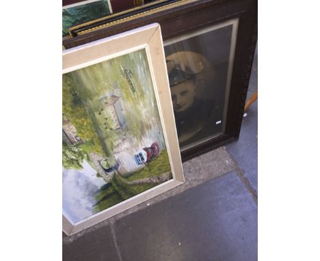 3 pictures, an oil on board, an old photo of a gentleman and a print of a country ale house. 