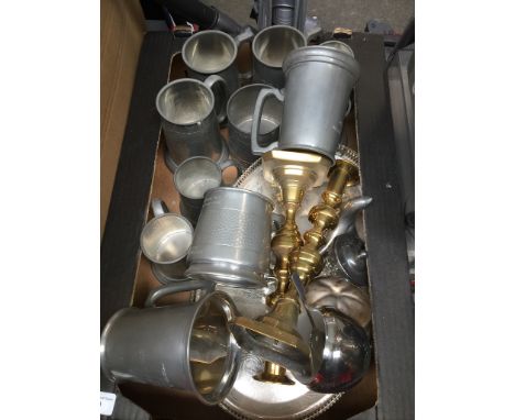 A box of metalware to include pewter tankards, brass candlesticks and an EPNS bowl containing 3 Oriental snuff bottles. 
