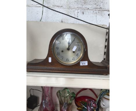 Oak domed mantel clockCondition: not currently running and won't be sold with any guarantees, no key present, pendulum presen