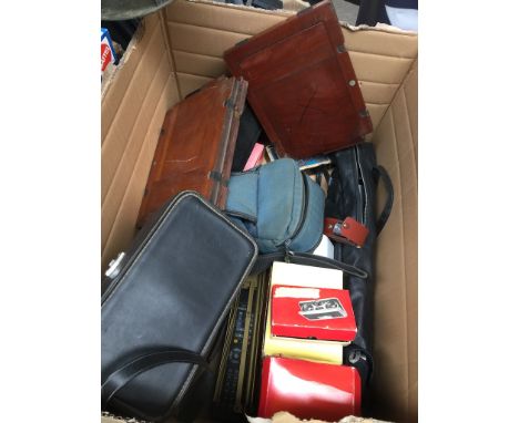 A box of cameras and equipment to include film plate holders, camera tripod, viewfinder, etc. 