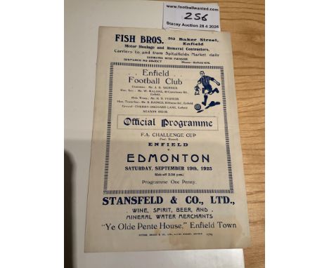 1925 - 1926 Enfield v Edmonton FA Cup Football Programme: 100 year old preliminary round cup tie played at Cherry Orchard Lan