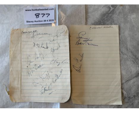 49/50 Charlton Football Autographs: Two exercise book pages signed by 12 of the squad. Includes McCrae Lock Bartram and Fento