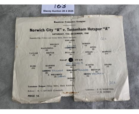 48/49 Norwich City v Tottenham ECL Football Programme: Rare Eastern Counties League single sheet programme with team changes 