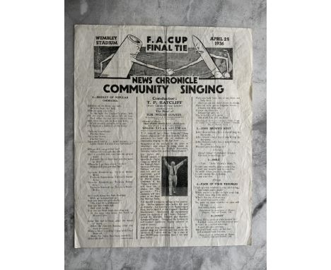 1936 FA Cup Final Football Song Sheet: Arsenal v Sheffield United News Chronicle large single sheet Community Singing in good