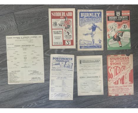 Manchester City Away Football Programmes: 46/47 Fulham single sheet with tear, 47/48 Stoke piece missing, Huddersfield, 48/49