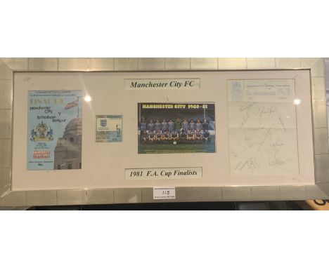 1981 Manchester City FA Cup Finalists Framed Display: Programme for first match plus ticket and team group picture. Mancheste