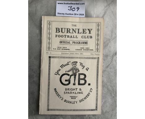 34/35 Burnley v Norwich City Football Programme: Excellent condition ex bound with covers Division Two programme with no team