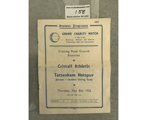 1952 Crittall Athletic v Tottenham Football Programmes: Fair condition with team changes and rusty staples holding firm. Fold