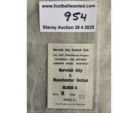 58/59 Norwich City v Manchester United FA Cup Football Ticket: Played on 10 1 1959 and in excellent condition.