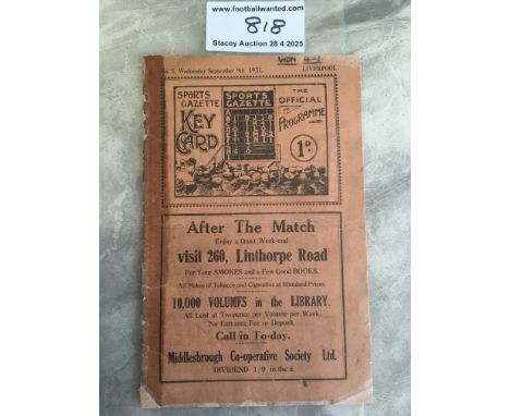 31/32 Middlesbrough v Liverpool Football Programme: Repaired with celotape mark to spine and a couple of additional repairs t