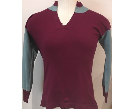 1937 - 1938 West Ham Match Worn Football Shirt: Claret and blue long sleeve Bukta shirt in good condition. Lace neck style bu
