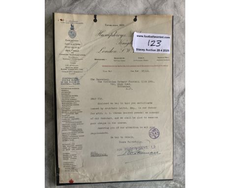 1925 Tottenham Football Stadium Letter + Cheque: A invoice letter to Tottenham on behalf of famous football stadium builder A