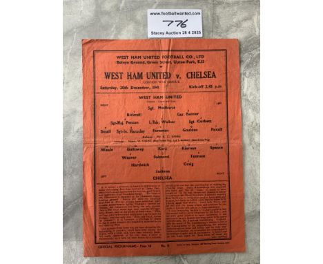 41/42 West Ham v Chelsea Football Programme: Single sheet London War League orange programme with folding and creasing but no