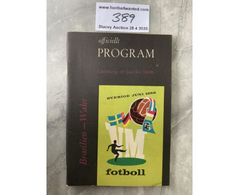 1958 Wales v Brazil World Cup Football Programme: Excellent condition 88 page programme with no team changes. Some great name