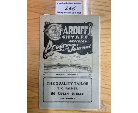 1922 - 1923 Cardiff City v Stoke City Football Programme: Good condition with no team changes. Fold.