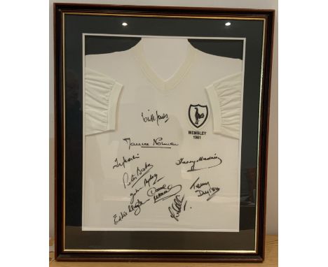 1961 Tottenham Signed Framed Football Shirt: Replica shirt with Wembley 1961 to breast nicely framed with 10 signatures. Incl