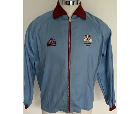West Ham 1975 FA Cup Final Tracksuit Top: Stunning light blue with claret trim zip up track suit top. Bukta Sportswear to bre