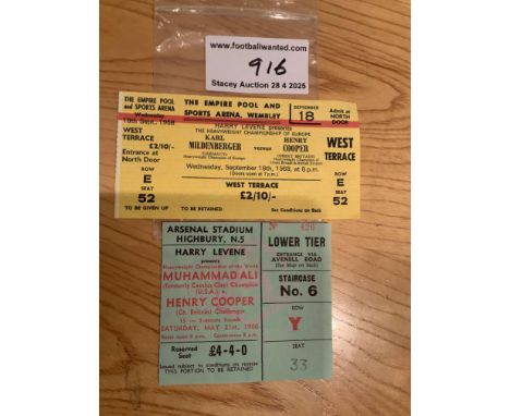 1966 Henry Cooper v Muhammad Ali Boxing Ticket: Fought at Highbury Arsenal on 21 5 1966. C/W Coopers ticket for fight v Milde