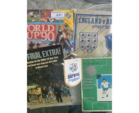 Football Memorabilia Box: 79/80 Sigma Sports cards celotaped into album, 1987 England v Brazil pennant, Small Euro 96 pennant