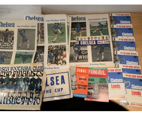 Chelsea Football Memorabilia Box: Many items regarding the 1970 FA Cup final including 7 mint condition replay programmes, Ev