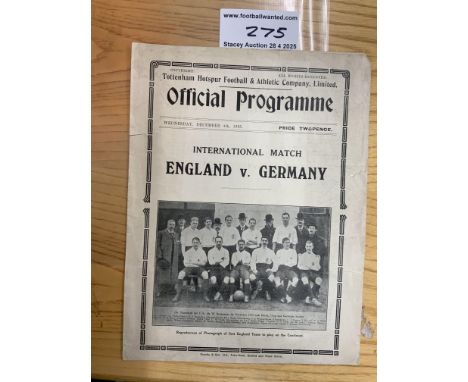 1935 England v Germany Football Programme: Fair condition played at Tottenham. No team changes. Four tears to border.