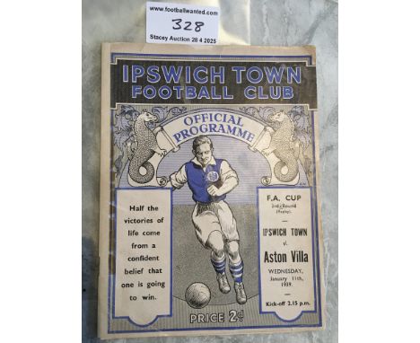 38/39 Ipswich Town v Aston Villa FA Cup Football Programme: Good condition programme with no team changes. Spine repairs with
