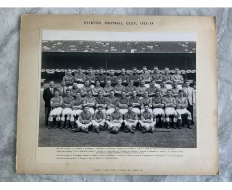 Everton 53/54 Official Club Photo: 15 x 12 inch card with photo by Albert Marion attached. Official photo of 41 staff all nam