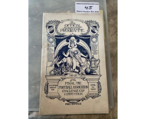 1920 FA Cup Final Football Programme: Aston Villa v Huddersfield Town played at Chelsea. Excellent condition now after profes