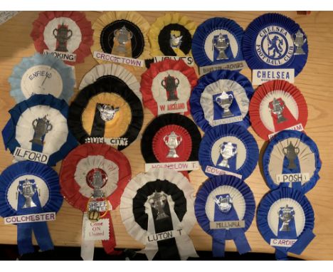 Football Club Cup Rosettes: FA Cup and Amateur Cup to centre with some stating good luck. Includes West Auckland Hounslow Kin