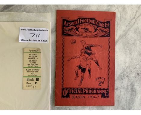 36/37 Arsenal v Grimsby Town Football Programme + Ticket: Inauguration of the East Stand match dated 24 10 1936. Incredibly t