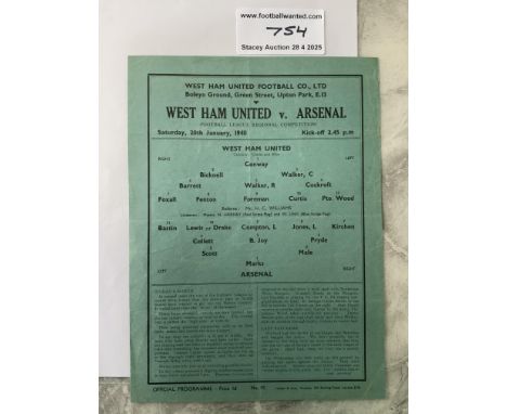 39/40 West Ham v Arsenal Football Programme: Football League match in very good condition with no team changes. Single sheet 