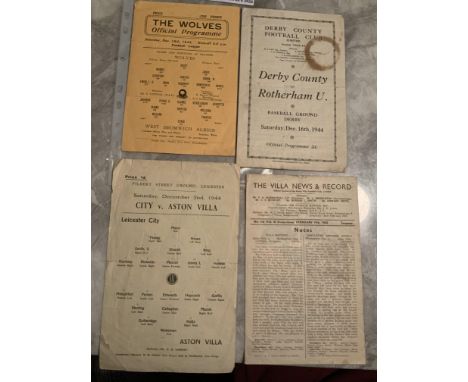 1944 - 1945 Football Programmes: Leicester v Aston Villa, Aston Villa v Coventry, Derby v Rotherham + Wolves v West Brom. Fai