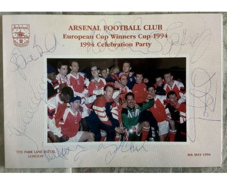 1994 Arsenal ECWC Final Signed Football Celebration Menu: Held 4 days after defeating Malmo in Denmark and held at The Park L