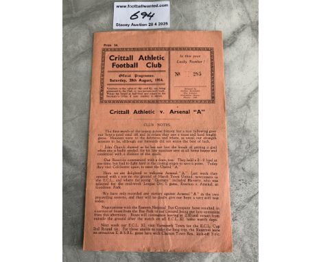54/55 Crittall Athletic v Arsenal A Football Programme: Very good condition Eastern Counties League programme with team chang