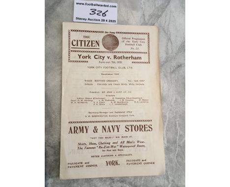 1932 - 1933 York City Reserves v Rotherham Football Programme: Excellent condition Midland League programme with no team chan