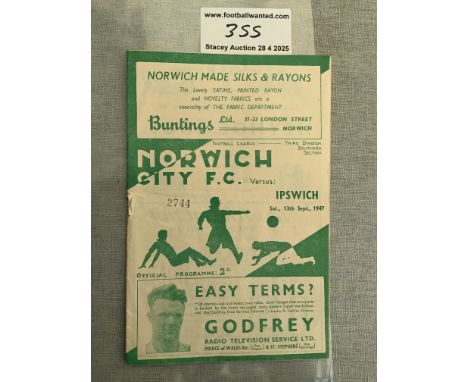 47/48 Norwich City v Ipswich Town Football Programme: Very good condition with pencilled team changes.