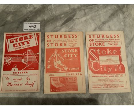 1950s Stoke City v Chelsea Football Programmes: 50/51 51/52 52/53 in very good condition with no team changes. 50/51 has scor
