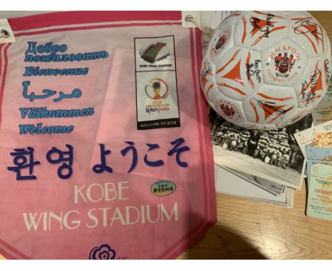 Football Memorabilia Boxes: Includes Books, Newspapers, Tickets, signed Blackpool ball, Rugby, Paul Fuschillo medals, 40s ann