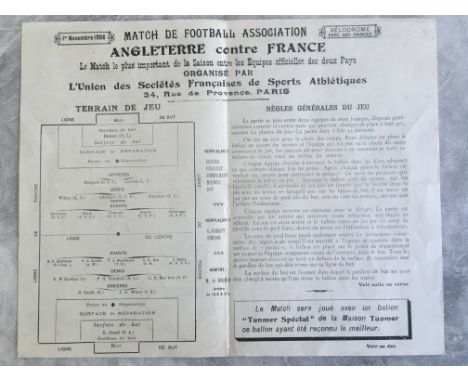 1906 France v England Football Programme: Amateur International in which a strong England team won 15-0. Players include Wood