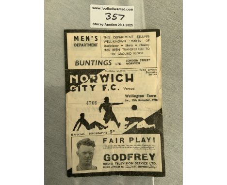 47/48 Norwich City v Wellington Town FA Cup Football Programme: Fair/good condition with score to team page. Tear to cover.