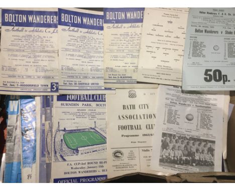 Bolton Wanderers FA Cup Football Programmes: Includes aways at 58/59 Scunthorpe, 63/64 Bath, interesting single sheets v Pres
