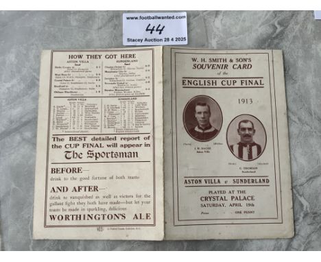 1913 FA Cup Final Football Programme: Aston Villa v Sunderland played at Crystal Palace. Four page one penny card has no team